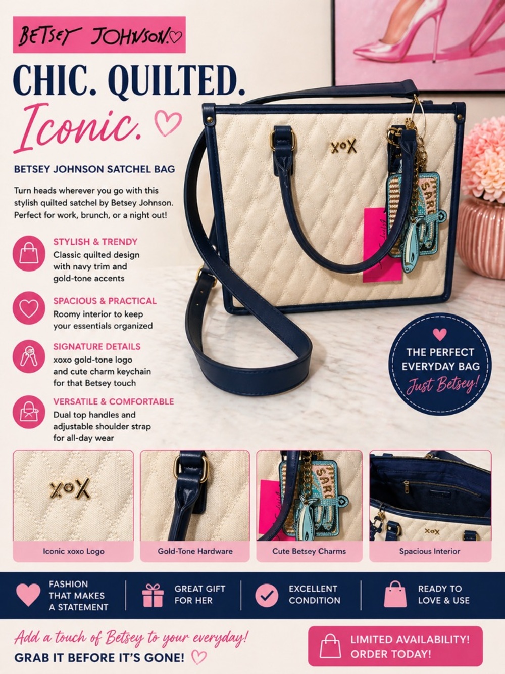 Betsey Johnson Quilted Satchel - sardines tote Cream and Navy